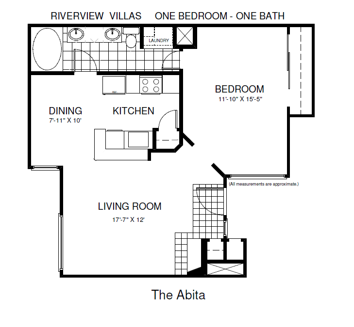 Floor plan for 1 bed, 1 bath, 698 sqft